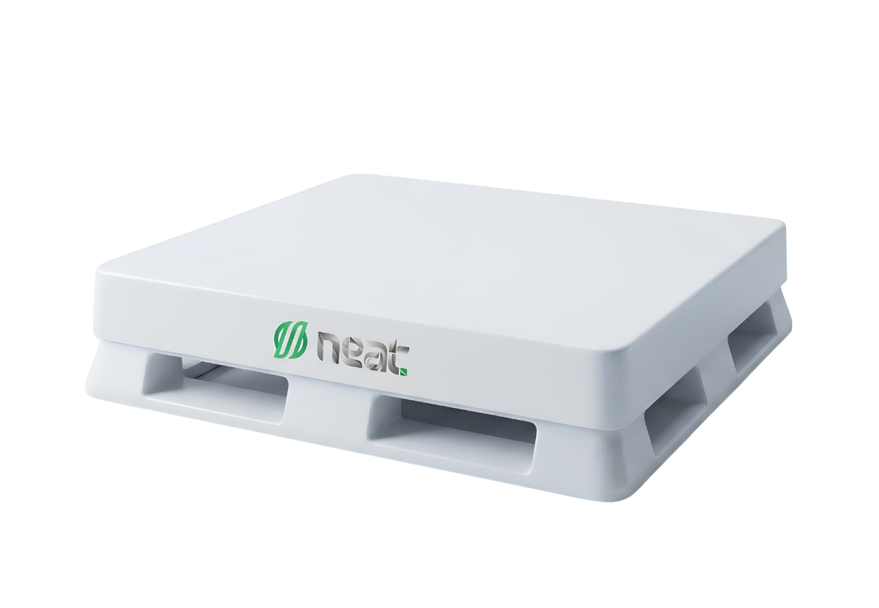 Neat white recyclable smart pallet with integrated IoT sensors
